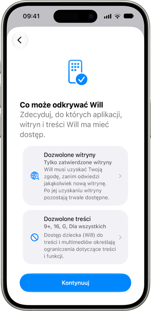 Ekran konfiguracji nadzoru rodzicielskiego z&nbsp;opcjami typów treści, takich jak aplikacje i&nbsp;witryny.