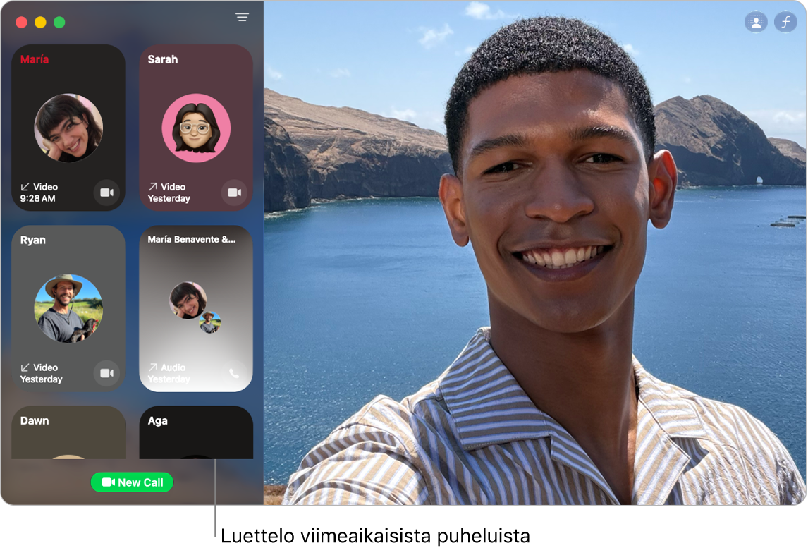 FaceTime-ikkunan vasemmassa reunassa näkyy luettelo äskeisistä soittajista.
