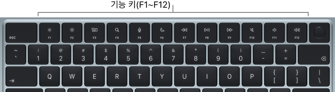 기능 키의 상단 행이 표시된 MacBook&nbsp;Air 키보드.