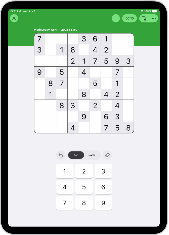 A Sudoku puzzle in the News app.