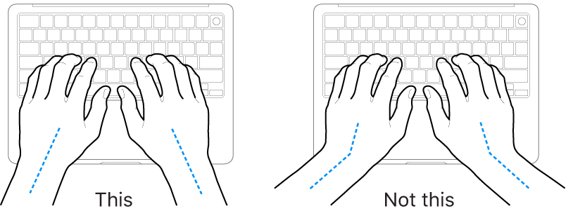 Hands positioned over a keyboard, showing correct and incorrect wrist and hand alignment.