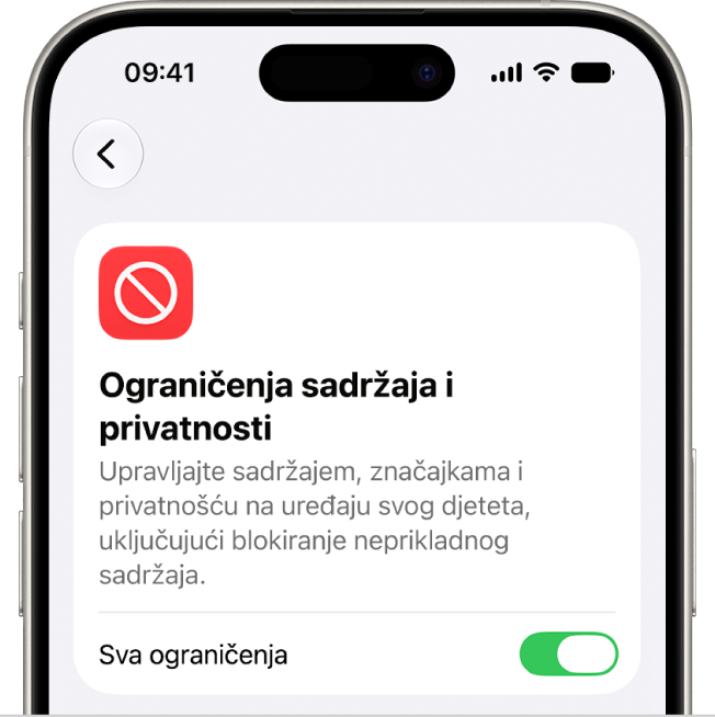 Zaslon Ograničenja sadržaja i privatnosti.