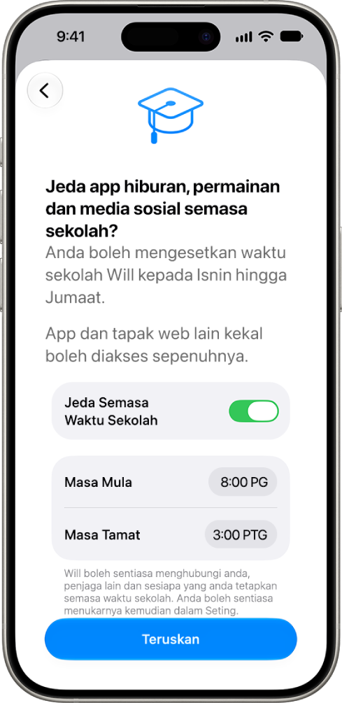 Skrin persediaan kawalan ibu bapa menunjukkan jam penggunaan peranti yang harus dijeda semasa waktu persekolahan.