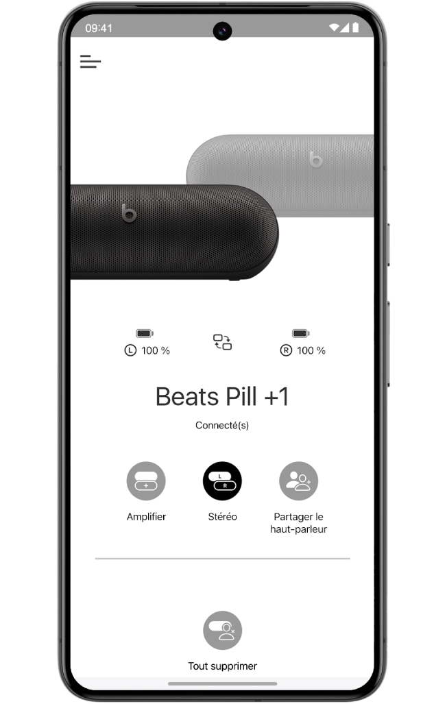 L’écran de l’appareil dans l’app&nbsp;Beats affichant deux enceintes Beats&nbsp;Pill connectées et formant un groupe Stéréo.
