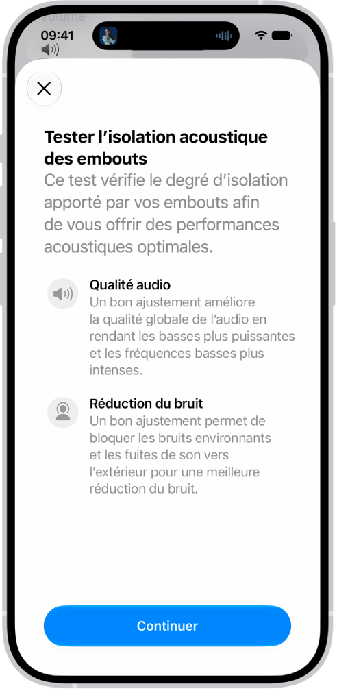 Écran d’un iPhone affichant un test pour mesurer l’isolation acoustique des AirPods&nbsp;Pro&nbsp;3.