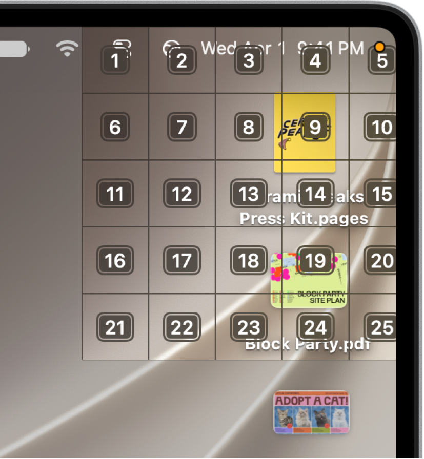 Se muestra una cuadrícula en la esquina superior derecha de la pantalla, donde se encuentran los documentos de Numbers y Keynote. Cada celda de la cuadrícula está etiquetada con un número.