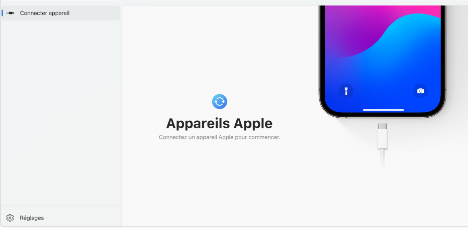 La fenêtre principale d’Appareils Apple affichant une invite pour connecter un appareil Apple.