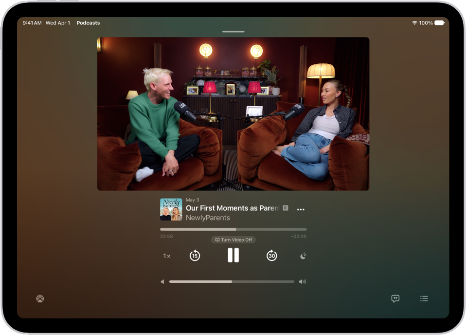 The Now Playing screen in the Podcasts app, showing a video podcast, the episode title, the progress bar, the playback controls, and the volume slider. The AirPlay button, the View Transcript button, and the Playing Next button appear at the bottom of the screen.