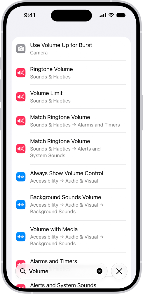 A search term has been entered in the search field at the bottom of the Settings screen. Results appear above the search field.
