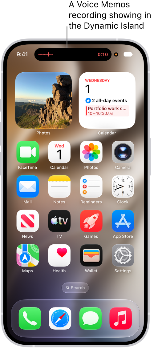 The iPhone Home Screen, showing a Voice Memos recording in the Dynamic Island.