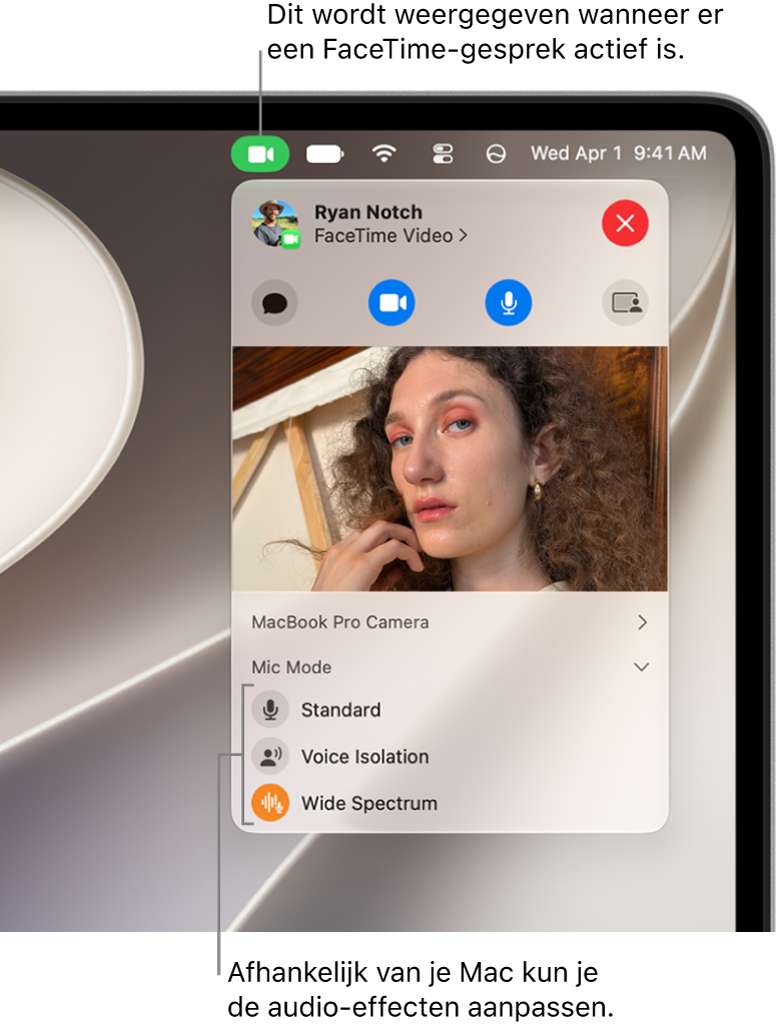 Het bedieningspaneel in de rechterbovenhoek van het Mac-scherm, met de videoknop (wat verschijnt wanneer je deelneemt aan een FaceTime-gesprek) en opties voor 'Microfoonmodus' (waarmee je audio-effecten kunt wijzigen, afhankelijk van je Mac).