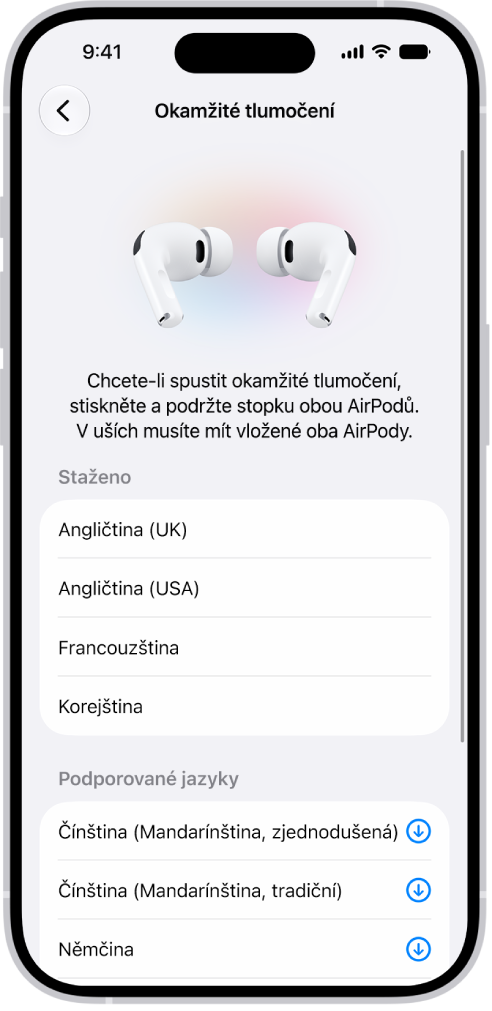 Obrazovka Jazyky v&nbsp;nastavení překladu pomocí AirPodů se seznamem stažených a&nbsp;podporovaných jazyků