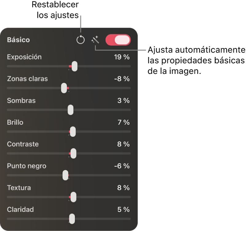 Sección Básico del panel “Ajustes de color” con controles de los reguladores de Exposición, “Zonas claras”, Sombras, Brillo y muchos más.