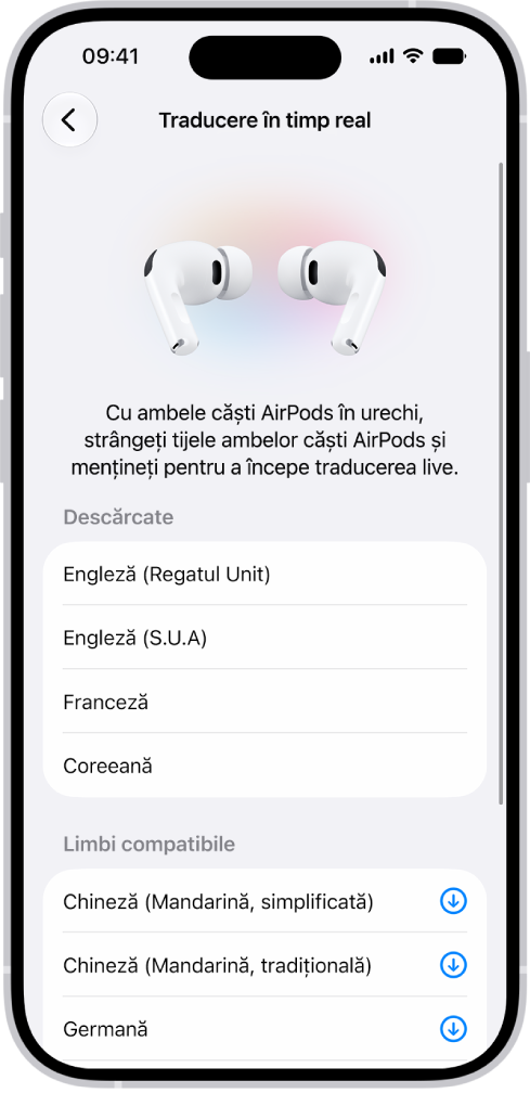 Ecranul Limbi din configurările Traducere ale căștilor AirPods afișând o listă de limbi descărcate și compatibile.