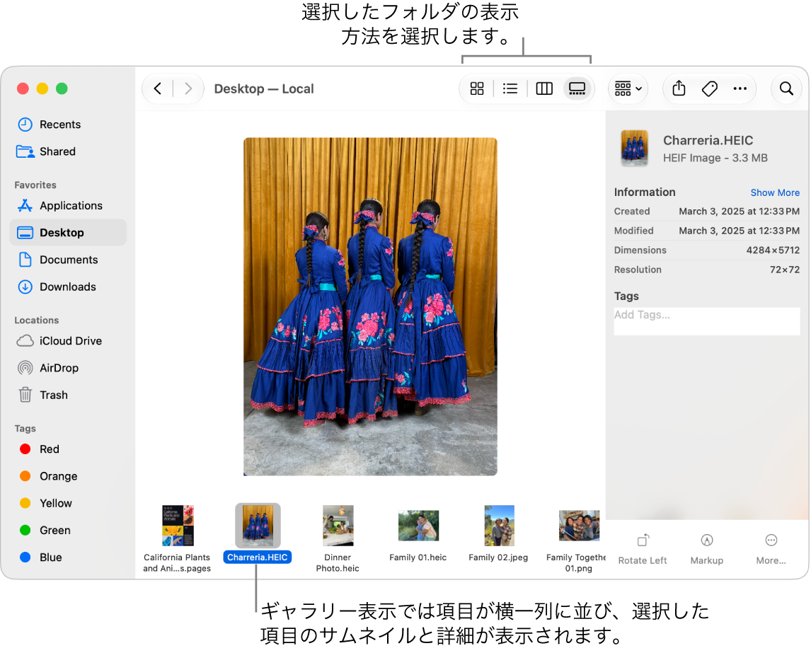 Finderのウインドウ。ウインドウの左側にFinderのサイドバー、下部に選択した画像ファイルが表示されています。中央では、プレビューパネルに画像の外観、その右側に画像の詳細と「クイックアクション」ボタンが表示されています。