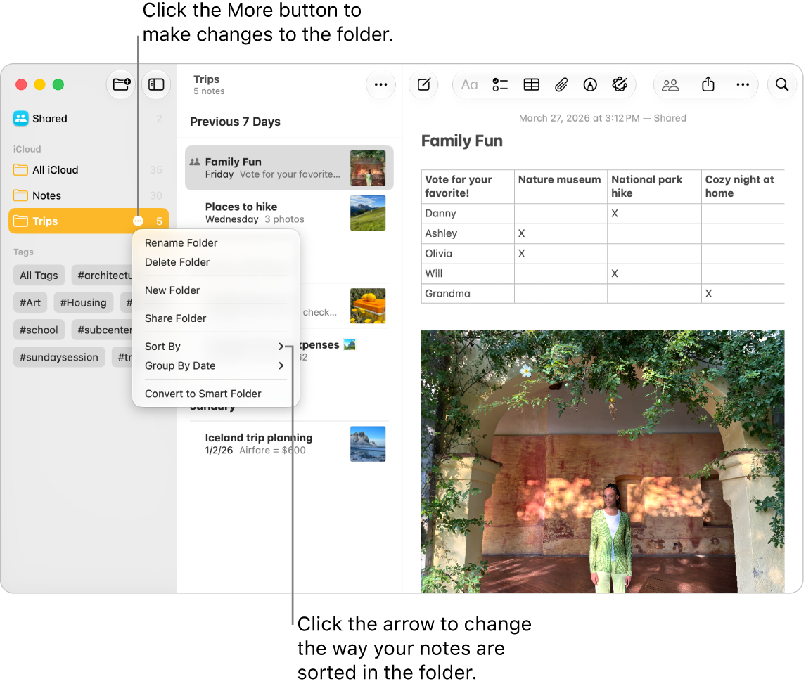 A Notes app window on Mac with one folder in the sidebar showing the More button where you can make changes to a folder. A pop-up menu is open with a list of options including Sort By, which changes the order of the notes—click the arrow to select a different sort order.