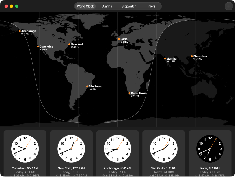 On the World Clock pane of the Clock app, labels identify cities and their local times. Below the map is a row of clocks, one for each of five of the cities on the world map, with additional details for each.