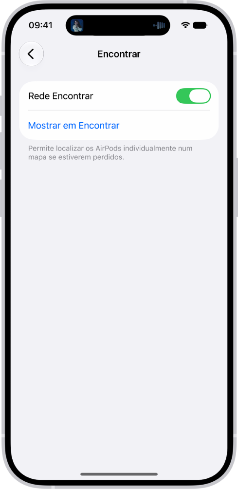 As definições de Bluetooth de um iPhone a mostrar as opções dos AirPods&nbsp;Pro. A opção Rede “Encontrar” está ativada, o que permite localizar individualmente os AirPods num mapa quando estiverem perdidos.