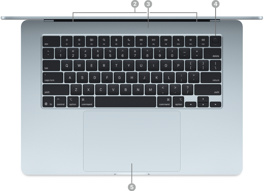 打开的 MacBook&nbsp;Air 俯视图，显示扬声器、麦克风、触控&nbsp;ID（电源）按钮和力度触控板。