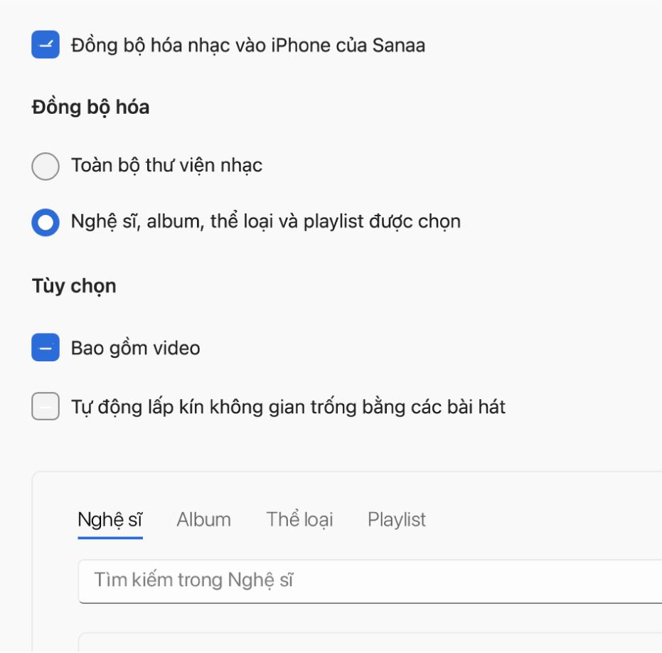 Cửa sổ Thiết bị Apple đang hiển thị tùy chọn đồng bộ hóa cho nhạc.