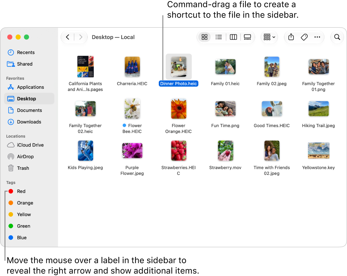 To the right of Locations in the Finder sidebar is an arrow to click to show additional items. In the Finder window on the right, a file is selected and a shortcut to the file is in the sidebar, below Favourites.