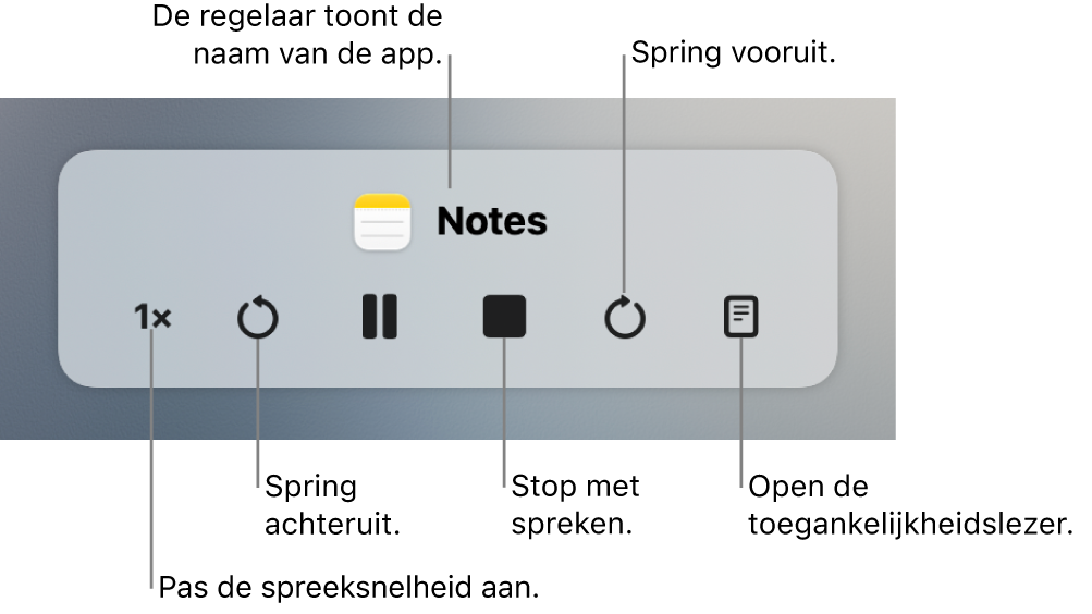 De regelaar die op het scherm kan worden weergegeven wanneer op de Mac geselecteerde tekst wordt uitgesproken. De regelaar bevat zes knoppen waarmee je (van links naar rechts) de spreeksnelheid aanpast, teruggaat, de spraakfunctie activeert of pauzeert, de spraakfunctie stopt, vooruitgaat en de toegankelijkheidslezer opent. De naam van de app staat boven in de regelaar.