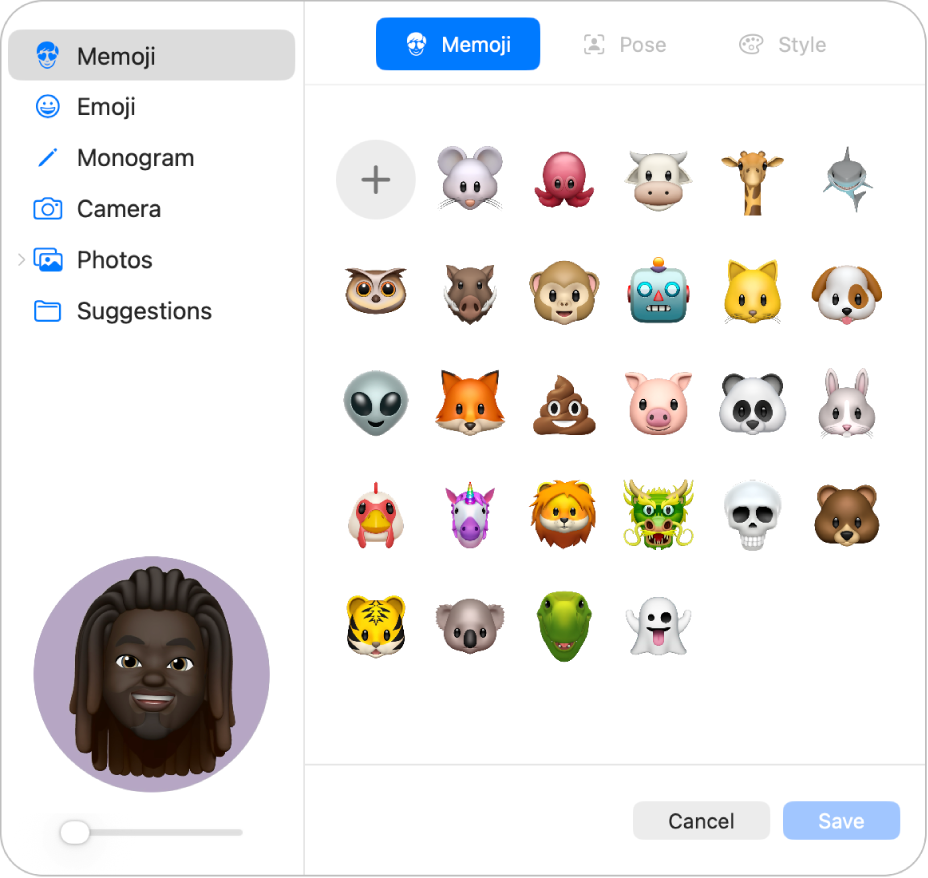 The Apple&nbsp;Account picture options. A list of picture options is in the sidebar, including Memoji, Monogram, Photos, and more. Memoji is selected, and a grid of Memoji is shown.
