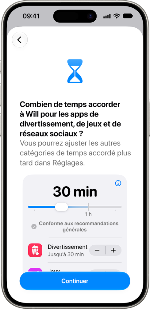 L’écran de configuration du contrôle parental affiche la durée autorisée pour les catégories d’app comme «&nbsp;Réseaux sociaux&nbsp;» et Divertissement.
