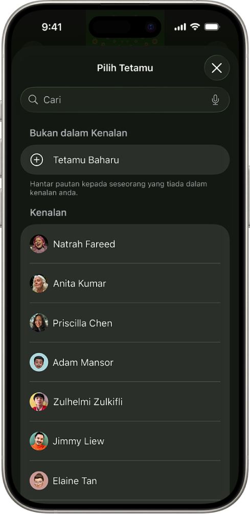 Skrin Hantar Jemputan dan senarai kenalan pada iPhone.