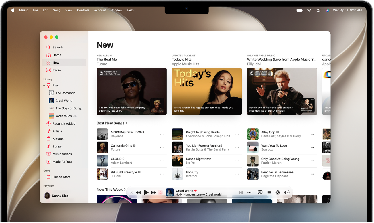 Prozor aplikacije Apple Music koji prikazuje najnovije pjesme i glazbu iz filmova i serija.