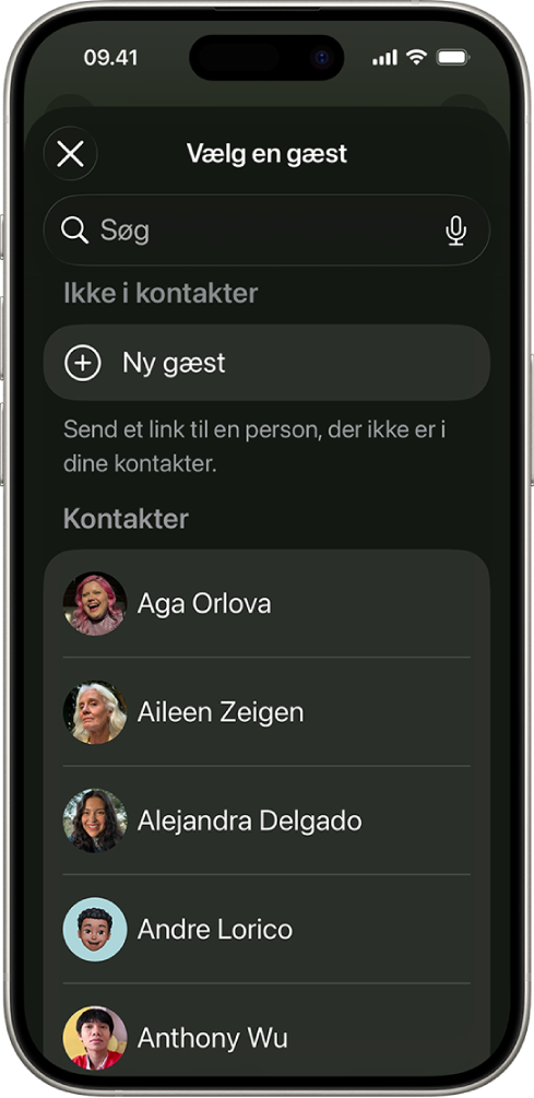Skærmen Vælg gæst og en liste over kontakter på en iPhone.