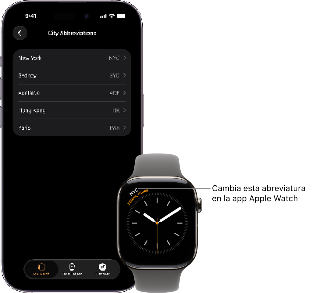 Un iPhone y un Apple&nbsp;Watch, uno al lado del otro. En la pantalla del Apple&nbsp;Watch se ve la hora de Nueva York (con la abreviatura “NYC”). En la pantalla del iPhone se muestra la lista de ciudades de los ajustes de Reloj de la app Apple&nbsp;Watch.