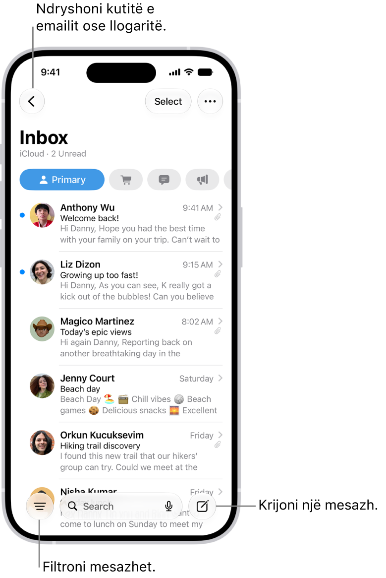 Mail Inbox, duke shfaqur një listë me emaile.