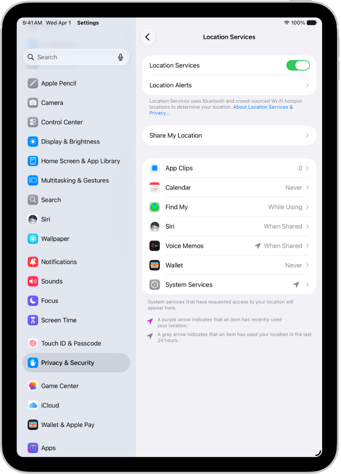 The Location Services screen, with settings to share the location of your iPad with apps.