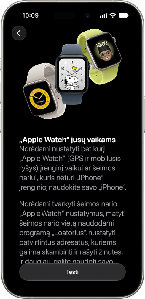 Ekranas „Sukonfigūruokite „Apple Watch“ vaikui“, kuriame rodoma parinktis tęsti sąranką.