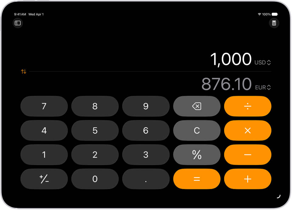 The basic calculator with a currency conversion on iPad.