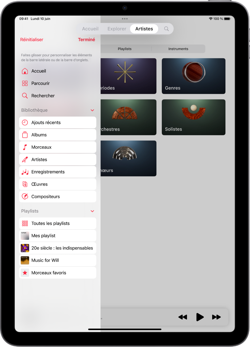 iPad en orientation portrait, avec des options permettant de modifier la barre latérale à gauche et la barre dʼonglets en haut de lʼécran.