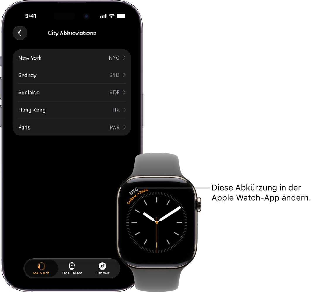 Ein iPhone neben einer Apple&nbsp;Watch. Das Apple Watch-Display zeigt die Uhrzeit in New York und verwendet dabei die Abkürzung NYC. Der iPhone-Bildschirm mit der Liste der Städte in den Einstellungen für „Uhr“ in der Apple&nbsp;Watch-App.