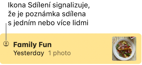Poznámka sdílená v&nbsp;konverzaci ve Zprávách označená ikonou Sdílené nalevo od jejího názvu.