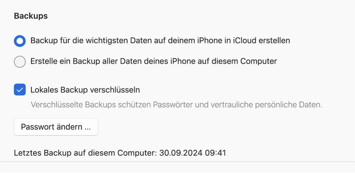 Ein Fenster von „Apple-Geräte“ mit Optionen zum Sichern und Wiederherstellen eines Apple-Geräts.