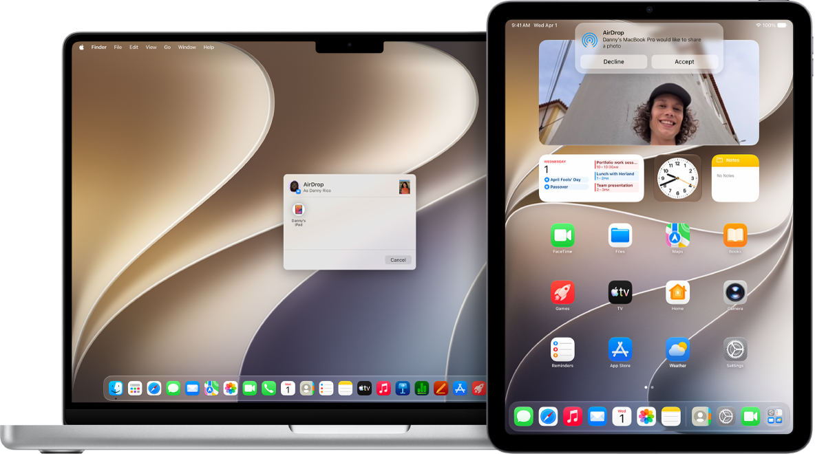 جهاز Mac بجوار iPad. مربع حوار الإرسال السريع مفتوح على سطح مكتب Mac، جاهز لمشاركة مستند مع iPad. وشاشة iPad iPhone يظهر بها إشعار حول استلام المستند.