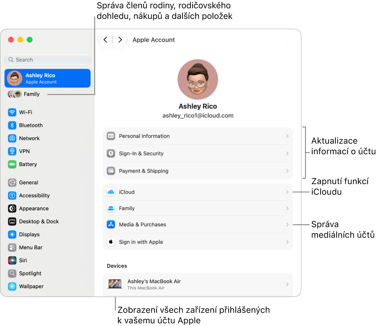 Volby účtu Apple v&nbsp;Nastavení systému s&nbsp;popisky u&nbsp;ovládacích prvků pro aktualizaci informací o&nbsp;účtu, zapnutí nebo vypnutí různých funkcí iCloudu, správu účtů pro média a&nbsp;úpravy nastavení rodiny, které vám umožňuje spravovat členy rodiny, rodičovský dohled, nákupy a&nbsp;další volby