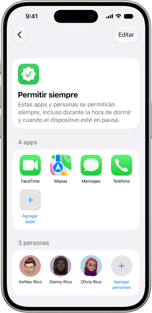 La pantalla Permitir siempre de la configuración de Tiempo en pantalla, que muestra las apps y los contactos que siempre se permiten.