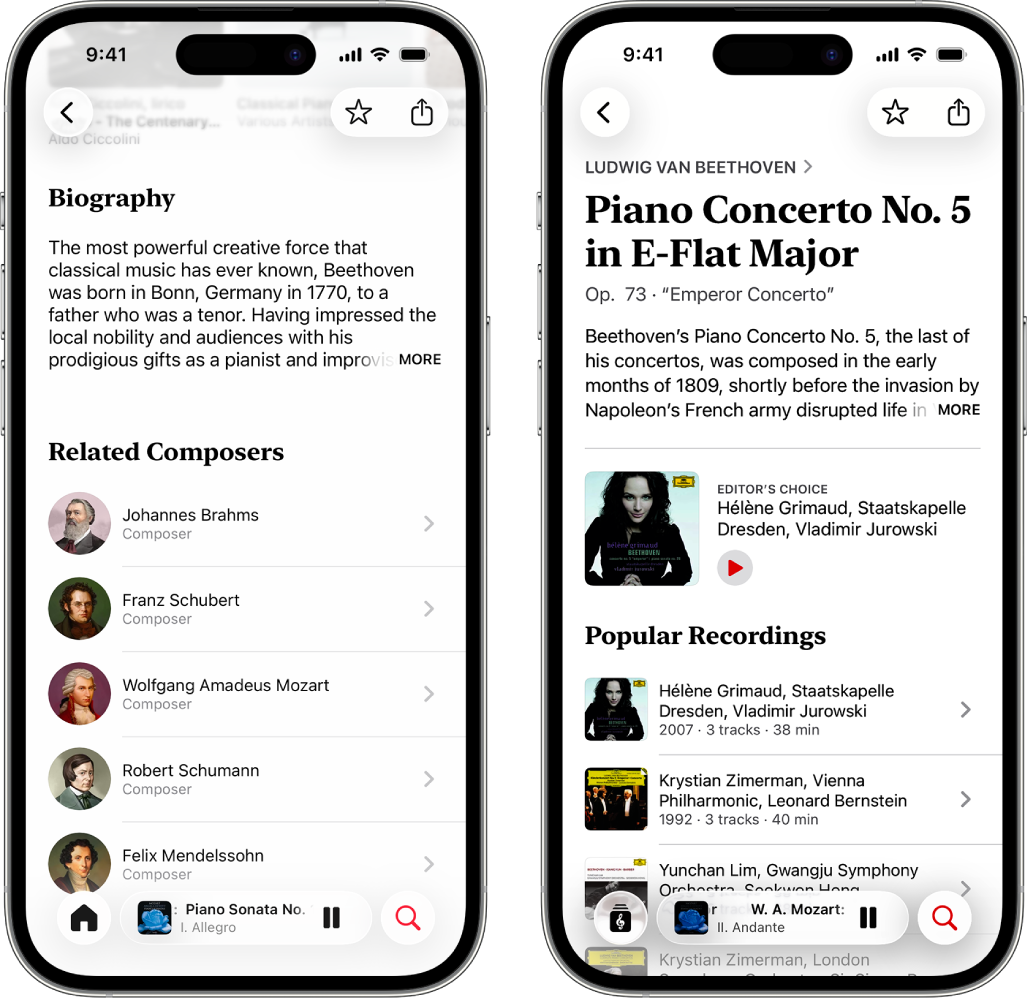 Na dva iPhone uređaja prikazuju se razne informacije o klasičnoj glazbi. Na prvom se prikazuje biografija skladatelja pri vrhu zaslona. Na drugom se prikazuje opis djela odmah ispod naziva djela.