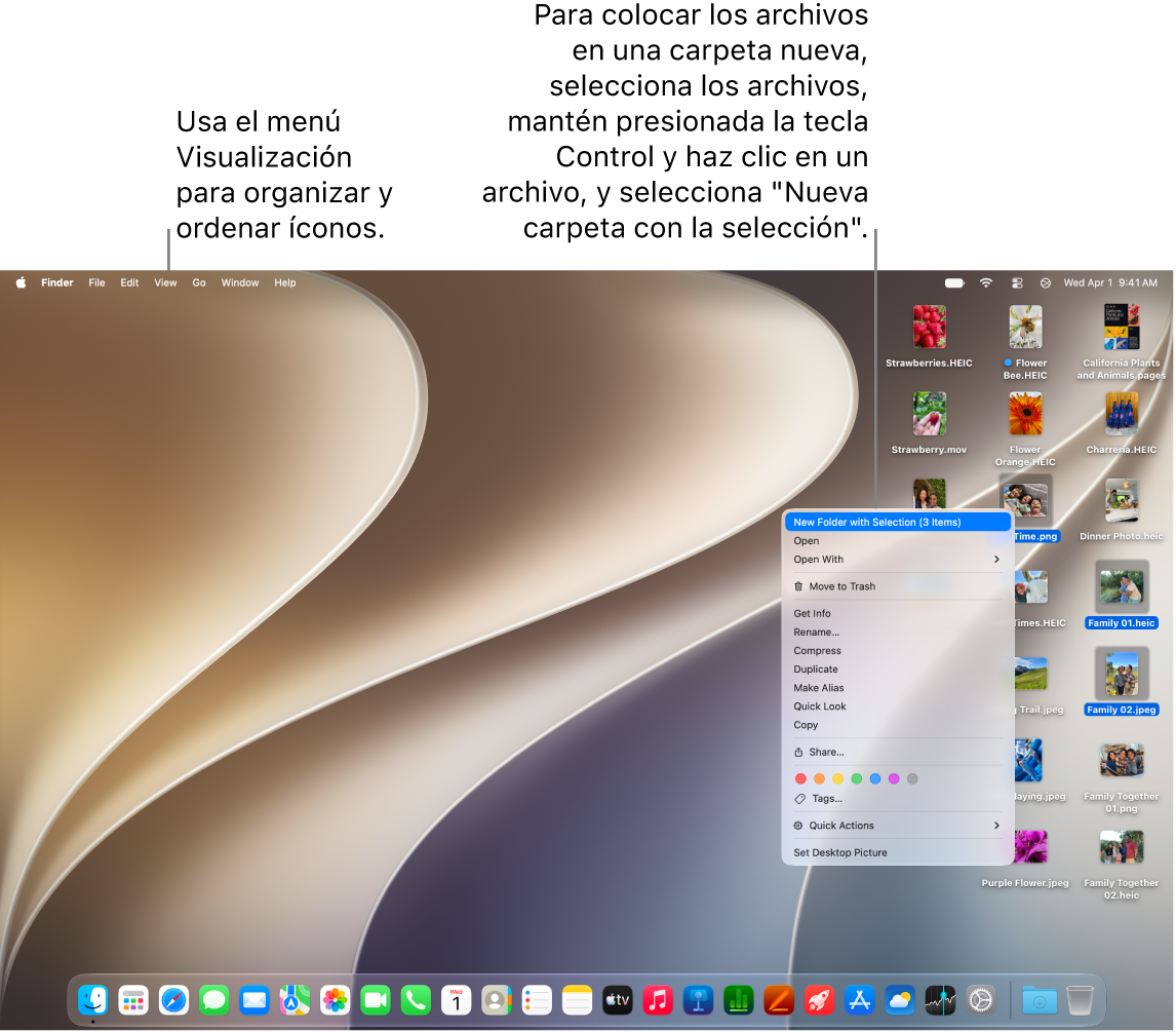 El escritorio de la Mac muestra el fondo de pantalla, la barra de menús en la parte superior y el Dock en la