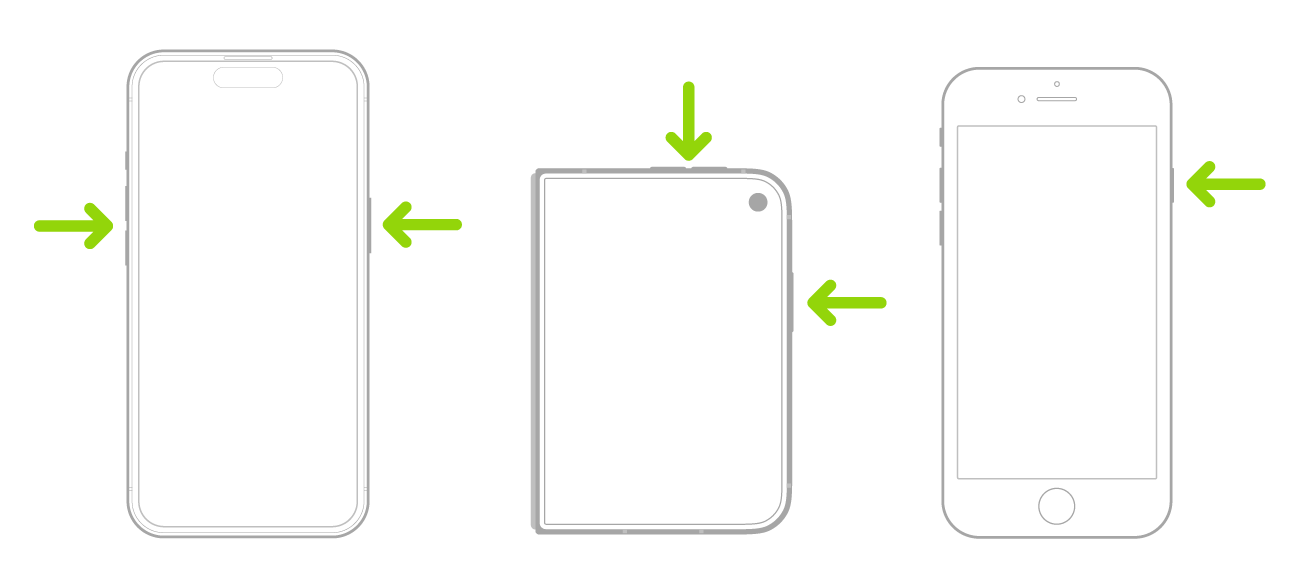 ಸ್ಕ್ರೀನ್‌ಗಳು ಮೇಲ್ಮುಖವಾಗಿರುವ ಮೂರು iPhone ಮಾಡಲ್‌ಗಳು. Face ID ಇರುವ iPhoneನಲ್ಲಿ, ವಾಲ್ಯೂಮ್ ಬಟನ್‌ಗಳು ಎಡಭಾಗದಲ್ಲಿವೆ ಮತ್ತು ಸೈಡ್ ಬಟನ್ ಬಲಭಾಗದಲ್ಲಿದೆ. iPhone Duoದಲ್ಲಿ, ವಾಲ್ಯೂಮ್ ಬಟನ್‌ಗಳು ಮೇಲ್ಭಾಗದಲ್ಲಿವೆ ಮತ್ತು ಸೈಡ್ ಬಟನ್ ಬಲಭಾಗದಲ್ಲಿದೆ. ಹೋಮ್ ಬಟನ್ ಇರುವ iPhoneನಲ್ಲಿ, ಸೈಡ್ ಬಟನ್ ಬಲಭಾಗದಲ್ಲಿದೆ.