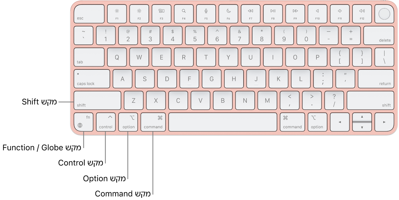 מקלדת Magic Keyboard עם סימונים למקשי Shift, ‏Control, ‏Option, ‏Command ומקש Fn/גלובוס.
