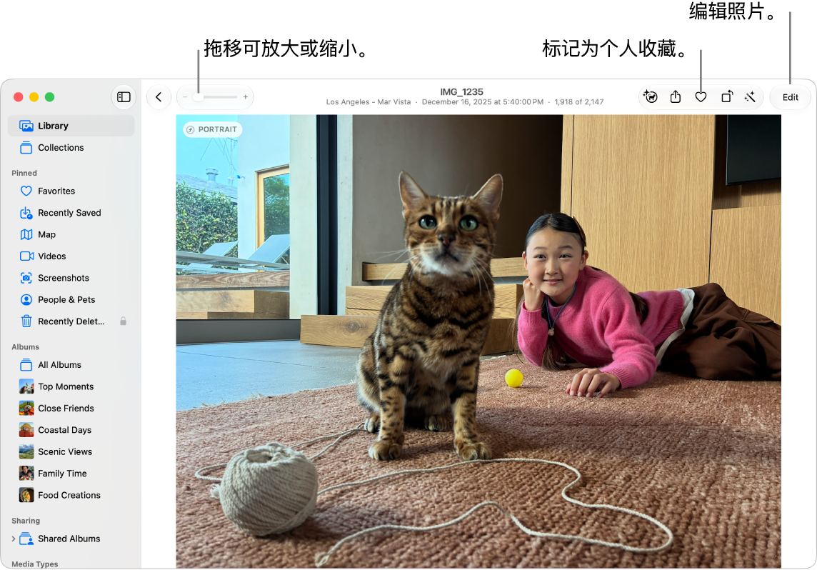 “照片”窗口，右侧显示放大的照片，下方显示一行缩略图。 顶部的工具栏包括缩放滑块、个人收藏按钮和编辑按钮。