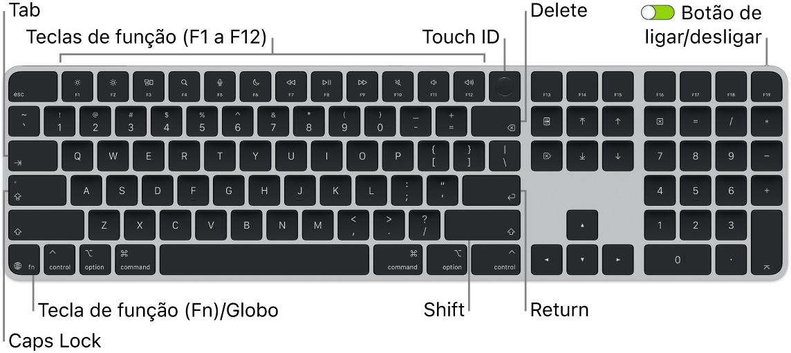 Teclado Magic&nbsp;Keyboard com Touch ID e teclado numérico a mostrar a linha de teclas de função e Touch ID na parte superior, e a tecla de função (Fn)/Globo na parte inferior esquerda.