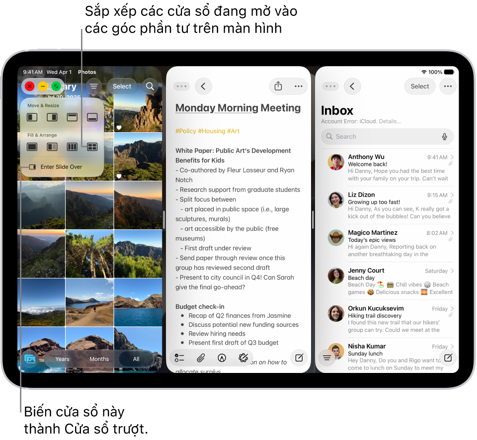 Một màn hình iPad với bốn ứng dụng đang mở và một bố cục cửa sổ được chọn, sắp xếp thành bốn phần bằng nhau.